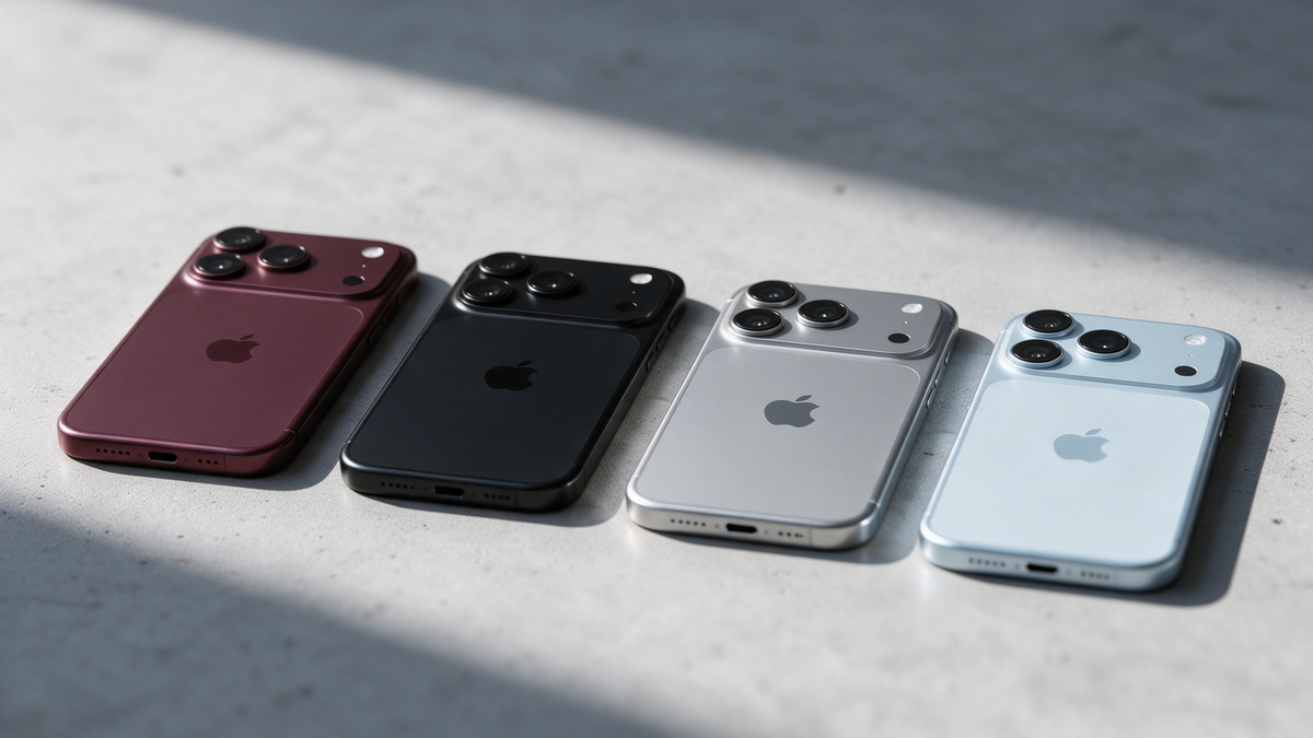 De iPhone 18 kleuren bordeauxrood zwart zilver en gletsjer naast elkaar op de achterkant